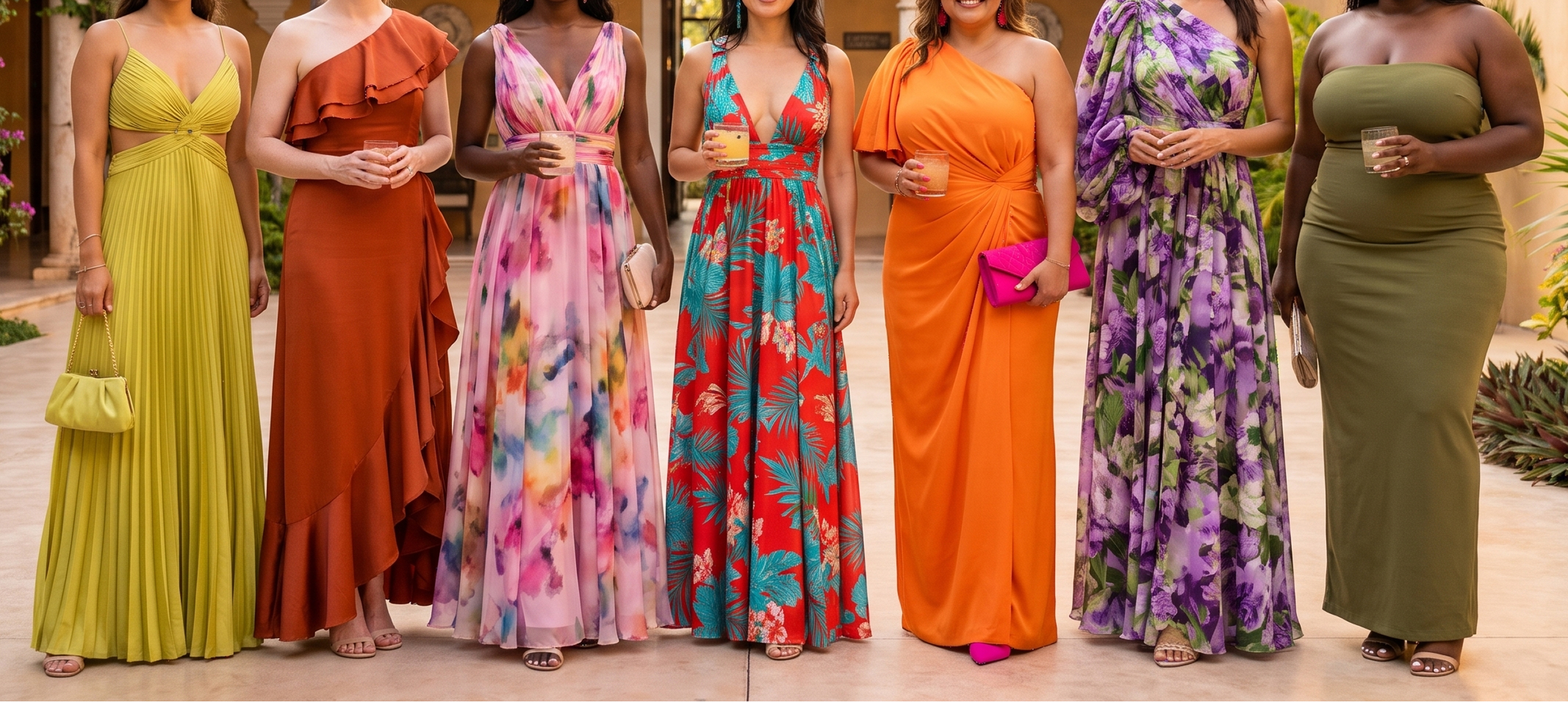 Invitadas con vestidos largos de colores, en telas ligeras, al aire libre