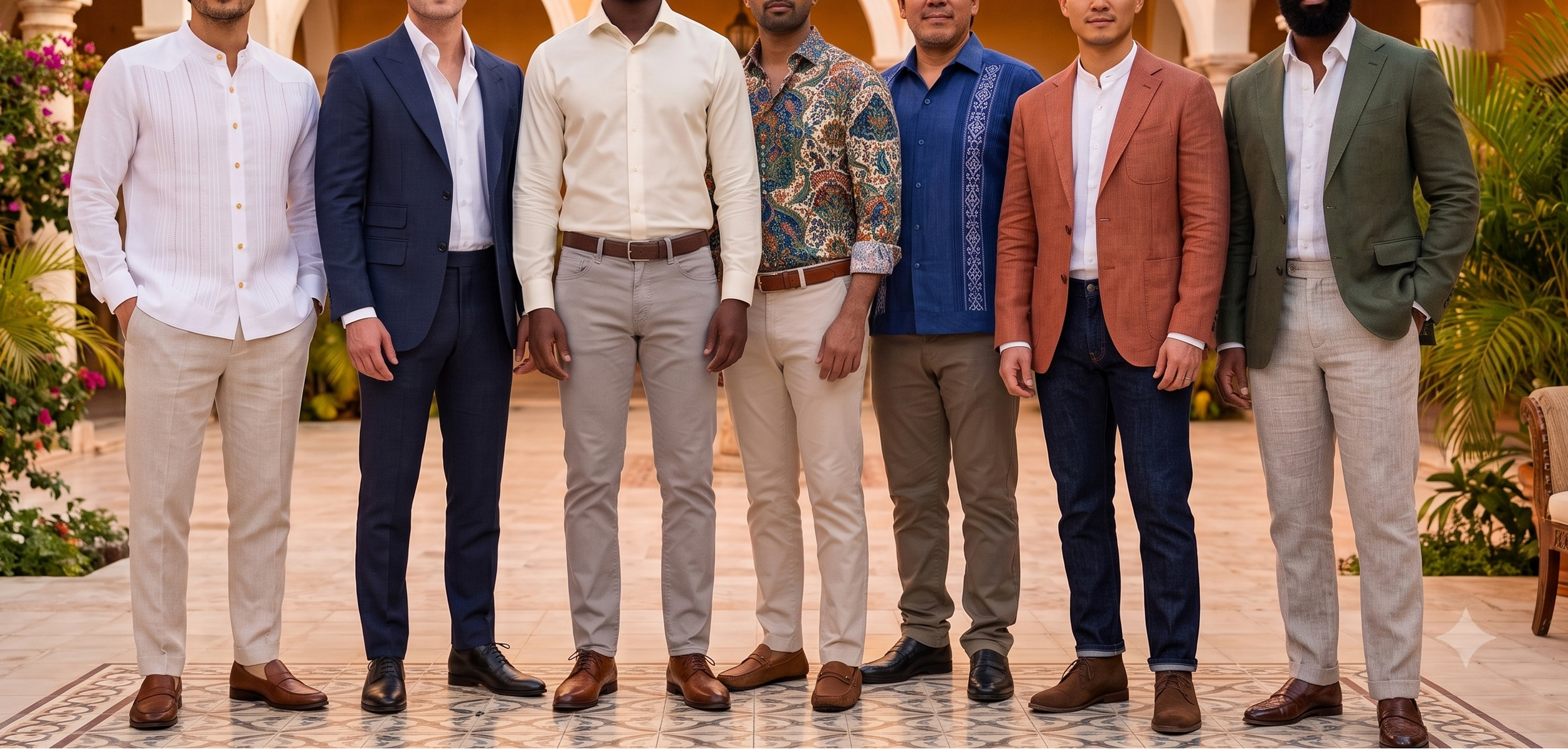 Invitados con atuendo formal-casual: camisas de manga larga, guayaberas y sacos ligeros